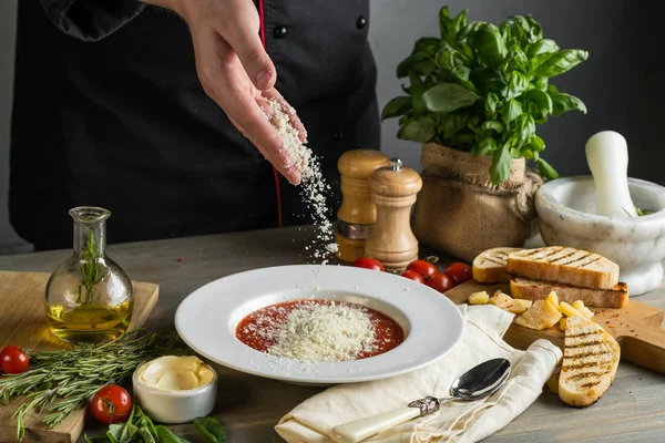Comida Para Cocinar Gazpacho Sopa Crema Tomate Con Queso Camarones — Foto de Stock