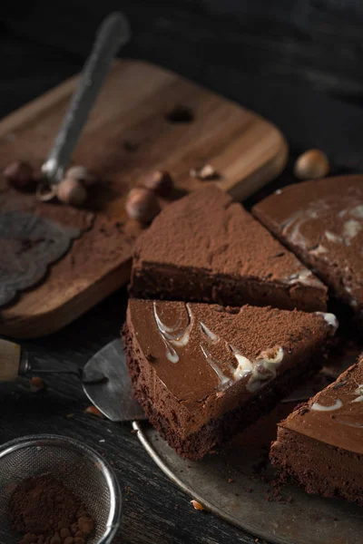 Närbild Välsmakande Bit Chokladkaka Spatel — Stockfoto