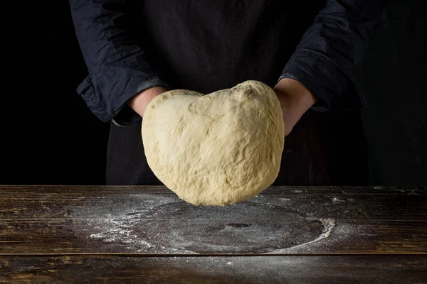 Close Male Chef Hands Preparing Dough Wooden Background — Stock Photo, Image