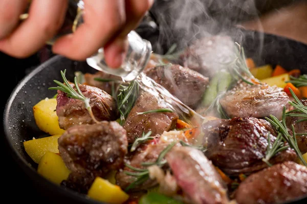 Cooking Meat Vegetables Pan Chef Hand — Stock Photo, Image