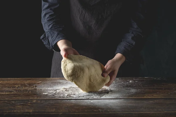 Chefhands Preparing Dough Wooden Background Top View — Stock Photo, Image