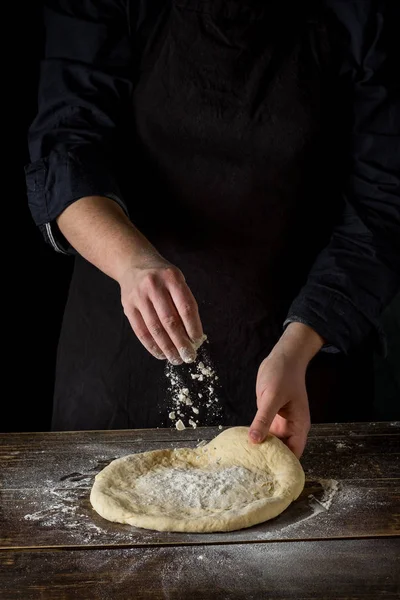 Chef Hands Cooking Dough Wooden Background — Stock Photo, Image