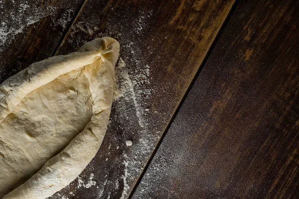 Close Raw Dough Wooden Table Flour Powder Top View Copy — Stock Photo, Image