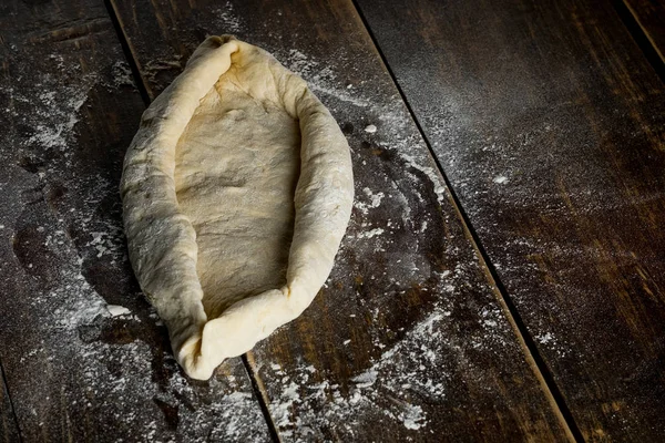 Close Raw Dough Wooden Table Flour Powder Top View Copy — Stock Photo, Image