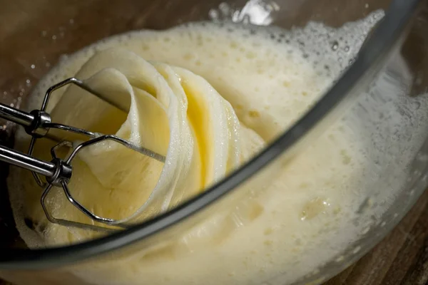 Cooking Mixer Chef Hands Glass Bowl Dough Egg Flour Ingredients — Stock Photo, Image