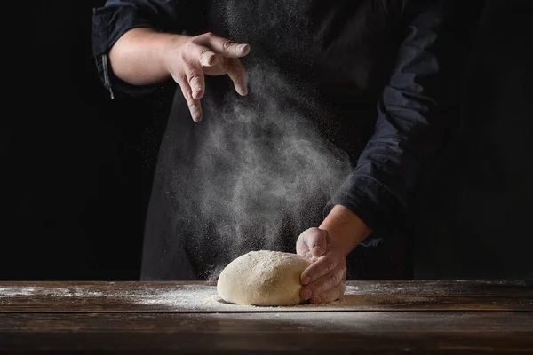 Close Chef Hands Pouring Flour Powder Raw Dough — Stock Photo, Image