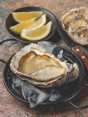 buz, limon dilimleri ve bıçak ile tavada taze istiridye 