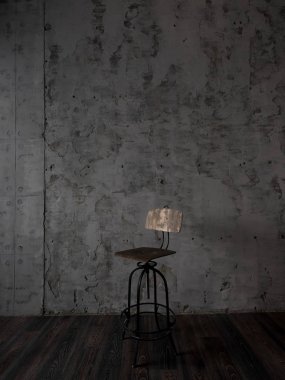 Fotoğraf concreted koyu gri duvar arka plan üzerinde ahşap sandalye 