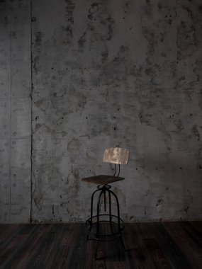 photo of wooden chair on concreted dark grey wall background  clipart