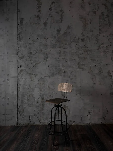 Foto Silla Madera Sobre Fondo Pared Gris Oscuro Concretado — Foto de Stock