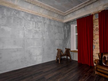 antika ahşap sandalyeler gri odasında duvar ve kırmızı perde beton