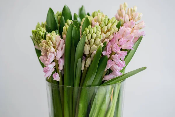 Frische Frühlingshyazinthen Blumenstrauß Der Vase Auf Weißem Hintergrund Nahaufnahme — Stockfoto