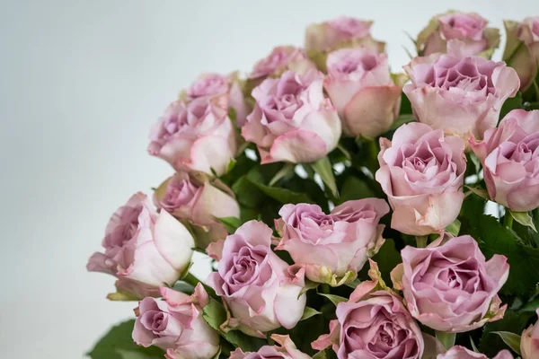 Pembe gül buketi kopya alanı beyaz zemin üzerine, yakın çekim