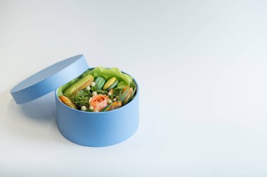 renkli çiçek ve kopya alanı beyaz zemin üzerine mavi hediye kutusunda macaroons 