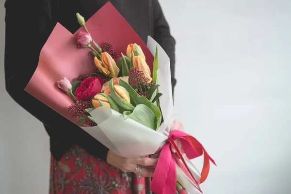 Woman Holding Stylish Bouquet Red Flowers — Stock Photo, Image