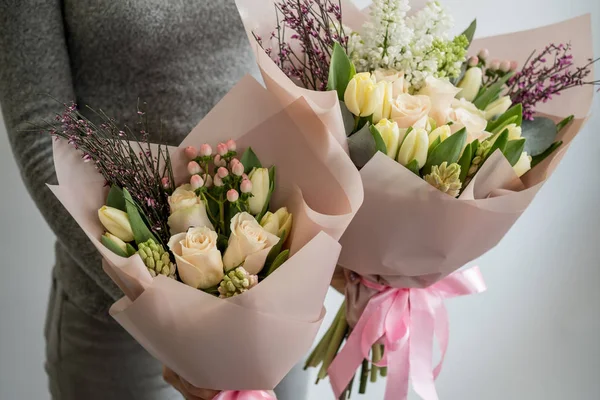 Woman Holding Two Stylish Bouquets Tender Flowers — Stock Photo, Image