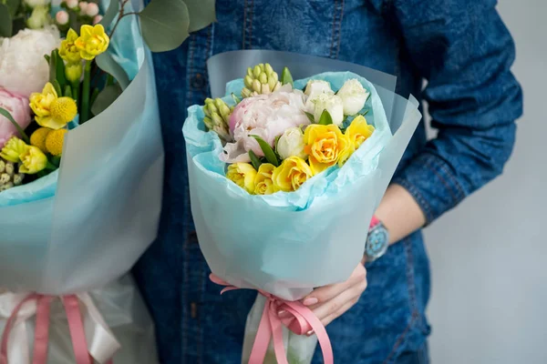Woman Holding Two Beautiful Bouquets Bright Spring Flowers — Stock Photo, Image