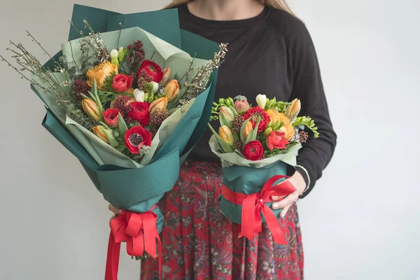 Woman Holding Two Stylish Bouquets Red Flowers — Stock Photo, Image