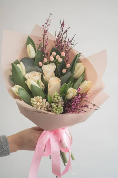 Close Bouquet Colored Fresh Tulips Roses Flowers Hand — Stock Photo, Image