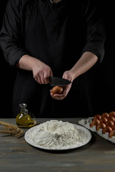 Close Photo Male Break Egg White Flour Cook Pie Black — Stock Photo, Image