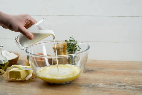 Close Photo Male Filling Glass Bowl Milk Preparing Dough Appetizing — Stock Photo, Image