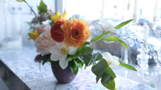 Close Beautiful Spring Bouquet Flowers Windowsill — Stock Video