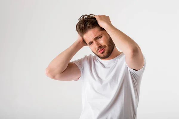 Retrato Hombre Barbudo Joven Camisa Blanca Tiene Dolor Cabeza Sobre — Foto de Stock