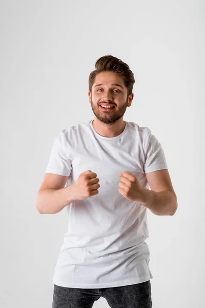 Portrait Young Bearded Unbelievably Excited Slightly Shocked Man White Shirt — Stock Photo, Image