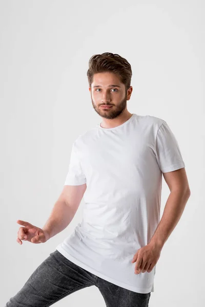 Portrait Handsome Bearded Man White Shirt Grey Background — Stock Photo, Image