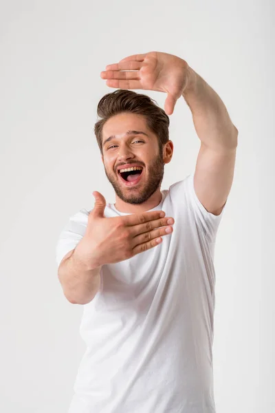 Portrait Happy Young Bearded Man Gesture Frame White Shirt Grey — Stock Photo, Image