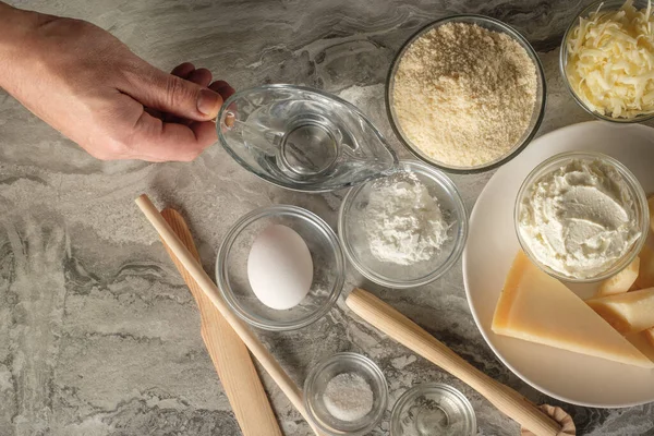 Cheesecake Matlagning Ingredienser Med Diverse Ost Plattan Ovanifrån Låg Bordet Royaltyfria Stockbilder