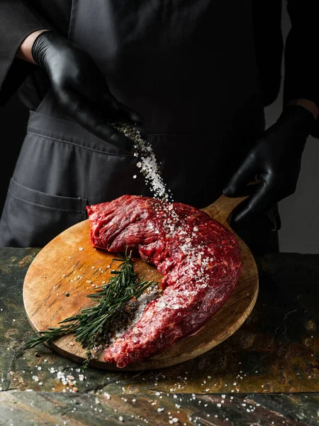 Beef Fillet Meat Chop Big Knife Butcher Pepper Salt Herbs — Stock Photo, Image