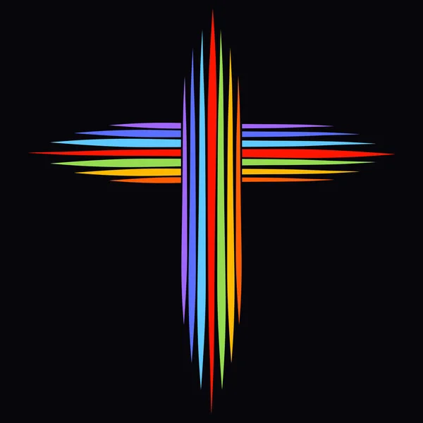 Christian rainbow cross made of lines on a black background