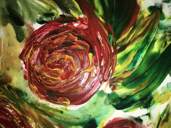 rose painted with red watercolor paint with green leaves on wate