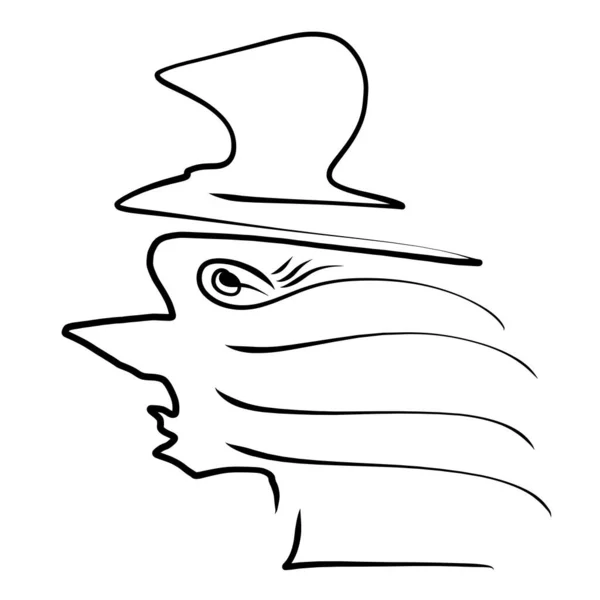 sketch portrait of the cartoon character of a surprised man in a hat with long hair is drawn in black line