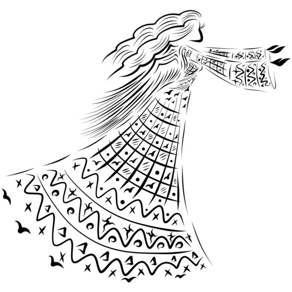winged woman in a patterned dress calls someone or seeks someone