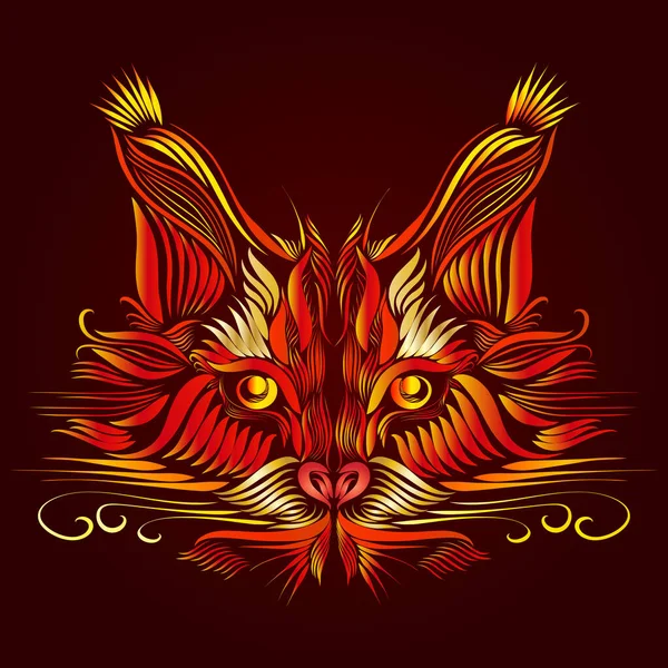 abstract muzzle of a predatory lynx of red and orange color with bright yellow piercing eyes, elegant lines of a tattoo