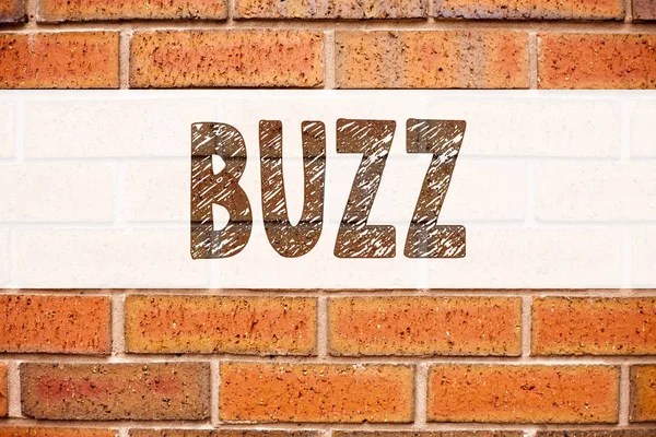 Anúncio conceitual inspiração legenda de texto mostrando Buzz. Conceito de negócio para ilustração do Buzz Word escrito em fundo de tijolo velho com espaço de cópia — Fotografia de Stock