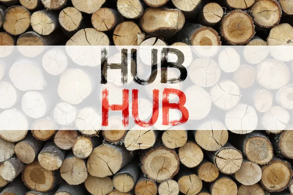 Konceptuella tillkännagivande text bildtext inspiration visar Hub affärsidé för Hub annons skriven på trä bakgrund med kopia utrymme — Stockfoto