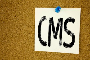 Kavramsal el CMS. iş kavramı Cms yapışkan not, hatırlatma mantar arka plan kopya alanı ile yazılı Www için gösterilen metin resim yazısı ilham yazma