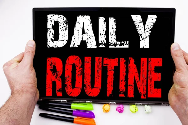 Daily Routine text written on tablet, computer in the office with marker, pen, stationery. Business concept for Accuracy Procedure white background with copy space — Stock Photo, Image