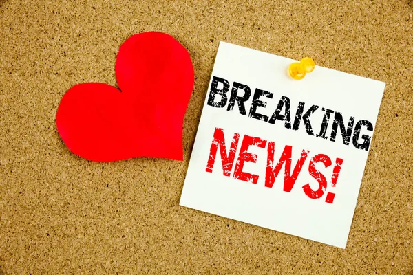 Conceptual hand writing text caption inspiration showing Breaking News concept for Newspaper Breaking News and Love written on sticky note, reminder cork background with copy space