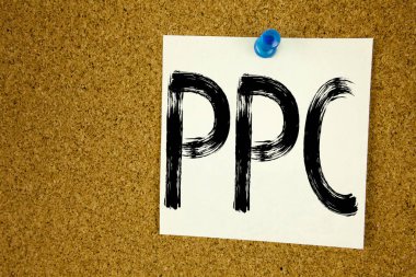 Kavramsal el PPC - tıklama başına ödeme gösterilen metin resim yazısı ilham yazma. İş kavramı Internet Seo yapışkan not, hatırlatma mantar arka plan kopya alanı ile yazılı para için