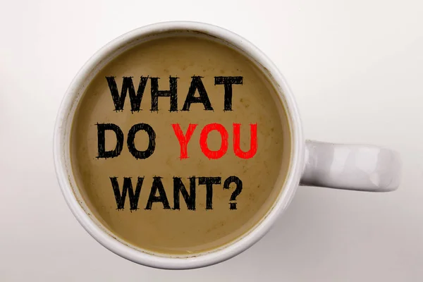 Word, writing Question What Do You Want text in coffee in cup Business concept for Goal Motivation Plan on white background with copy space Black text with red word