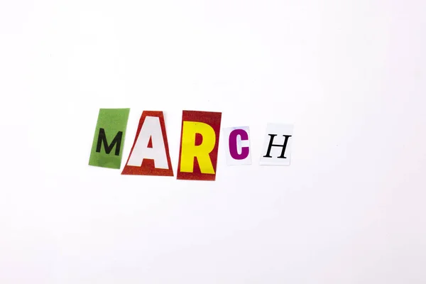 A word writing text showing concept of MARCH made of different magazine newspaper letter for Business case on the white background with copy space — Stock Photo, Image