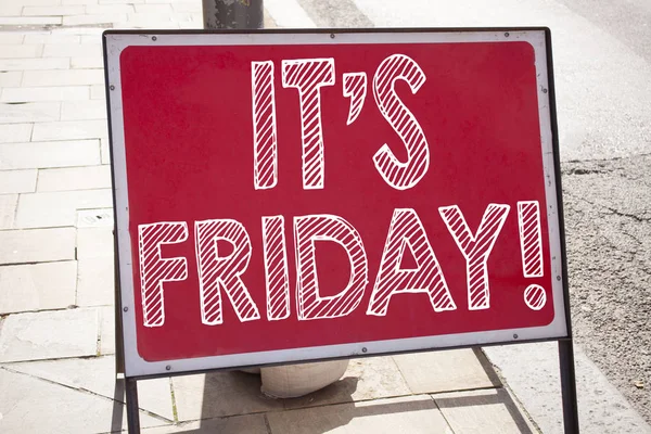 Hand writing text caption inspiration showing Friday concept meaning Friday - happy end of the week written on old announcement road sign with background and copy space — Stock Photo, Image