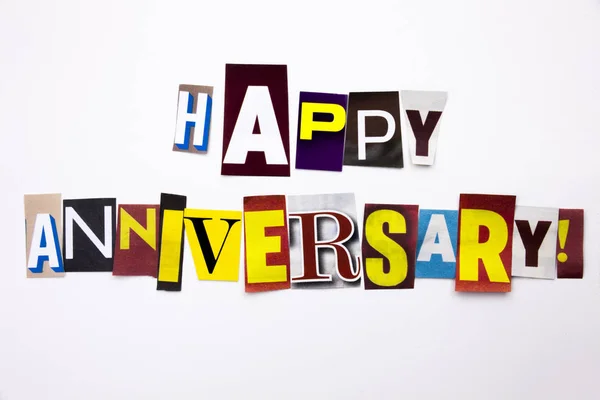 A word writing text showing concept of Happy Anniversary made of different magazine newspaper letter for Business case on the white background with copy space — Stock Photo, Image
