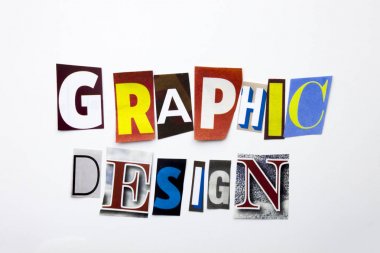 Grafik tasarım kavramı gösterilen metin yazma bir kelime farklı dergi gazete mektup beyaz arka plan kopya alanı ile davaya iş için yapılmış