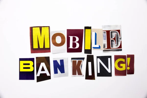 A word writing text showing concept of Mobile Banking made of different magazine newspaper letter for Business case on the white background with copy space — Stock Photo, Image