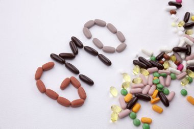 Kavramsal el ile hap ilaç kapsül word GDO sezon beyaz izole arka plan kopya alanı ile yazılı metin resim yazısı ilham tıbbi bakım sağlık kavramı yazma